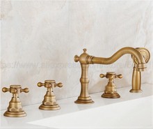 Antique Brass 5pcs Bathroom Tub Sink Faucet with Hand Shower Deck Mounted 5 Holes Three Cross Handles Bathtub Taps ztf035 2024 - buy cheap