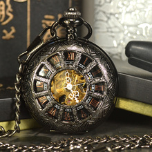 TIEDAN Black Steampunk Skeleton Mechanical Pocket Watch Men Antique Luxury Brand Necklace Pocket & Fob Watches Chain Male Clock 2024 - buy cheap