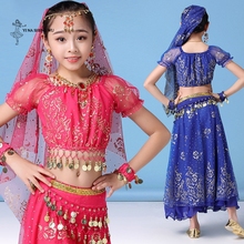 Criança traje de dança do ventre feminino, vestido indiano oriental, dança, sari, bollywood, roupa de dança do ventre, moedas infantis, cinto 2024 - compre barato