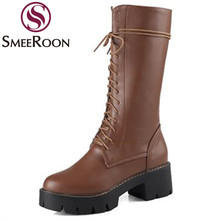 Smeeroon mid calf boots woman restoring round toe thick heels motorcycle boots side zipper winter boots delicate women's shoes 2024 - buy cheap