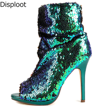 Botas cintilantes com lantejoulas verdes, sapatos peep toe de salto alto fino, sexy com glitter para mulheres, sapatos para palco 2024 - compre barato