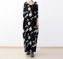 Winter Dress Loose Waist O Neck Cotton Casual Women Dress Floral Print Black Maxi Dress vestidos 2024 - buy cheap