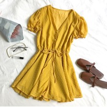 Summer Beach Wear Playsuits Jumpsuits Women Puff Sleeve V-Neck Lady Rompers Elegant Waist Drawstring Loose Overalls 2024 - buy cheap