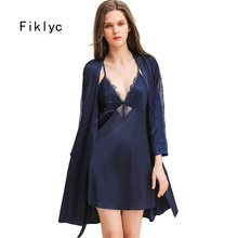 Fiklyc underwear full sleeve women's summer two-pieces robe & gown sets luxury lace faux silk padded chest nightwear 2019 HOT 2024 - buy cheap