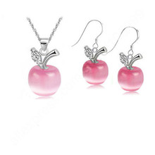 Fast Shipping Genuine Pure S925 Sterling Silver Red Apple Cat'S Eye Stone CZ Necklace Pendant Earrings Jewelry Sets 2024 - buy cheap