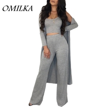 OMILKA 2018 Summer Women 3 Piece Set Crop Top Long Trench Coat and Long Pant Suits Sexy Gray Red Orange Outwear Clothing Set 2024 - buy cheap