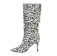 Dropshipping marca mujer moda Animal impresiones marrón blanco rosa leopardo fino tacones puntiagudos hasta la rodilla botas con pliegue largo 2024 - compra barato