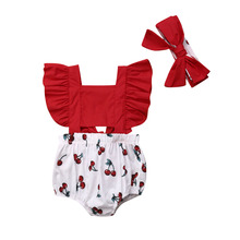 Baby Clothes  2Pcs Newborn Infant Baby Girl Ruffle Cherry Sleeveless Bodysuit Sun Outfit Summer 2024 - buy cheap