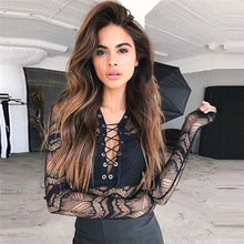 women sexy mesh lace V deep Bodysuit streetwear ladies slim jumpsuit female laceup skinny casual romper 2024 - buy cheap