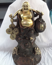 USPS to USA S1622 17" Chinese Bronze Gilt Hoptoad Coin RuYi Bag Joss Happy Maitreya Buddha Statue 2024 - buy cheap
