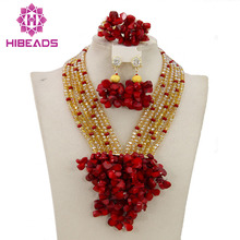 Fashion African Jewelry Sets Nigerian Wedding Fashion Costume Jewelry Set Gold Red Crystal/Coral Beads Free Shipping ABY560 2024 - buy cheap