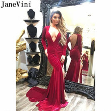 JaneVini Sexy High Split Bridesmaid Dress Burgundy Long Sleeve Backless Formal Gowns Mermaid Velvet Deep V-Neck Women Party Wear 2024 - buy cheap