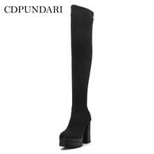 Botas de tacón alto por encima de la rodilla para mujer, Botines altos hasta el muslo con plataforma, zapatos de otoño e invierno, color negro 2024 - compra barato