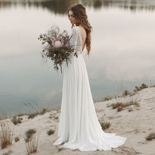 Vestidos de Novia de manga larga con cuello en V, Vestido de Novia de playa de gasa, de encaje, espalda Sexy 2024 - compra barato