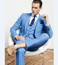 Traje de novio para boda hecho a medida, traje de novio con solapa de muesca, color azul cielo, chaqueta, pantalones, corbata y chaleco, C44 2024 - compra barato