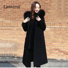 Black Woolen Coat  Winter Women Jacket New Fashion With Fur Collar Hooded Outerwear Mid Long Slim Female Blends Coats 2024 - buy cheap