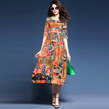 Vestido de seda falsa e elegante, meia manga, plissado, verão 2018, estilo boho, multicolor, floral, praia, vestidos para mulheres 2024 - compre barato