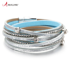Amorcome Leather Bracelets for Women Luxury Femme Fashion Crystal Beaded Bohehian Multilayer Wrap Bracelet Woman Jewelry 2024 - buy cheap