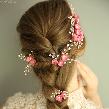  Charming Pink Floral Bridal Hair Clip Pins Pearls Wedding Hair Jewelry Ornament Handmade Women Accessories 2024 - buy cheap