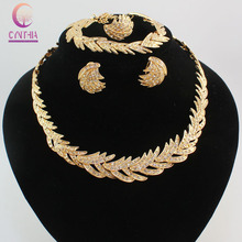 Conjunto de joias folha de ouro, cristal, colar, brinco, pulseira, conjunto de festa dourado, moda africana feminina, boa qualidade 2024 - compre barato