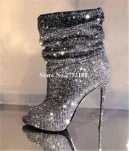 Women Bling Bling Fashion Rhinestone Peep Toe Stiletto Heel Short Boots Slip-on Gold Silver High Heel Ankle Booties Dress Heels 2024 - buy cheap