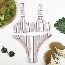 Bikini brasileño con estampado a rayas para mujer, traje de baño de realce con relleno, Bikini con lazo en la espalda, traje de baño rosa con Tanga para playa 2024 - compra barato