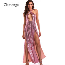 Ziamonga Halter Hollow Out Shiny Red Pink Sequin Maxi Dress Stretch Long Ankle-Length Split Dress Backless Bodycon Women Dresses 2024 - buy cheap