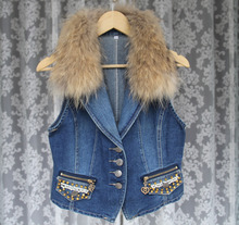 2016 new  denim vest geniune raccoon fur vest women Denim Vest with fur winter sex vest coat free shipping F788 2024 - buy cheap