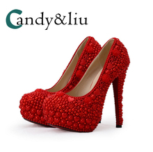 Red Peal Wedding Shoes Beaded Super High Heel Large Size Women Pumps with Platform for Party Banquet Bridesmaid Photography 2024 - buy cheap