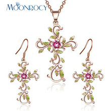 MOONROCY Necklace and Earring Jewelry Set Rose Gold Color Green Colourful Leaf for Women Girls Gift Wholesale Drop Shipping 2024 - buy cheap