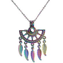 C1014-forma de abanico de Color arcoíris, pluma Bohemia, cuentas, jaula de perlas, collar, colgante, difusor de Aroma de aceite esencial 2024 - compra barato