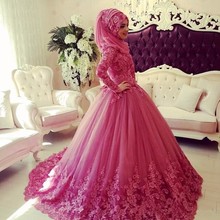 Vestido De novia musulmán De manga larga con encaje, ropa De novia árabe De Turquía, Dubái, color fucsia 2024 - compra barato