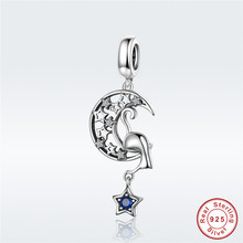 fit Europe Bracelet Original 925 Sterling Silver Blue CZ Star Moon Sleeping Cat Charms S925 Romantic Night Pet Beads Pendant 2024 - buy cheap