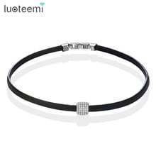 LUOTEEMI Brand Elegant Leather Choker Black Necklace Gothic Design Micro Pave Set Cubic Zircon Square Collares Bijoux For Women 2024 - buy cheap