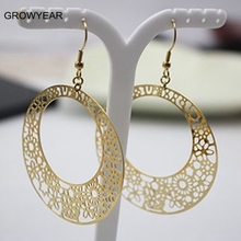 Women Girls Hollow Flower Drop Earring Stainless Steel Jewelry Big Round Gold Color Dangle Earrings 2024 - buy cheap