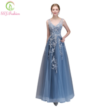 SSYFashion New The Banquet Elegant Lace Evening Dress V-neck Grey Blue Appliques Beading Long Party Formal Gown Robe De Soiree 2024 - buy cheap