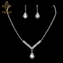 TREAZY Elegant V Shaped Teardrop Necklace Earrings Set For Women Silver Color Rhinestone Crystal Wedding Bridal Jewelry Sets 2024 - buy cheap