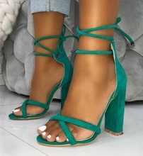 Hot Selling Green Suede Women Square Heels Sandals Peep Toe Cut-out Ankle Strap Lace-up Ladies Banquet Dress Shoes Plus Size 10 2024 - buy cheap