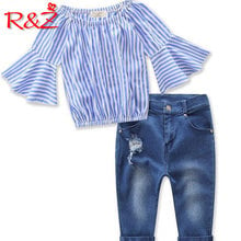 R&Z 2019 Summer New Fashion Girls Set Long Sleeve Striped One-Shoulder Top Jeans Two-Piece Set 2024 - buy cheap