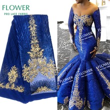 Tecido de renda estilo real azul-alta, lantejoulas, tecido bordado, guipura, renda africana, vestidos de casamento, material de malha de costura 2024 - compre barato