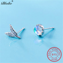 s925 Sterling Silver Mermaid Tail Earrings For Women Clear Glass Moonstone Earrings Small Crystal Fishtail Stud Earrings Jewelry 2024 - buy cheap
