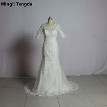 Mingli Tengda Vintage Lace Wedding Dresses Short Sleeve Mermaid Bride Dress Court Train Wedding Dress Beaded Scoop Bridal Gown 2024 - buy cheap