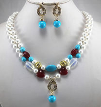 Free shipping 471 Charming 8mm2Row /Pearl/Crystal White&Blue Necklace Earring Ring Jewelry Set 2024 - buy cheap