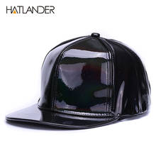 [HATLANDER]Shining PU flat brim baseball hats for boys girls solid snapbacks cap PUNK street dancer leather cool hip hop caps 2024 - buy cheap