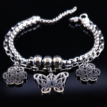 Butterfly Stainless Steel Bracelet Women Double Flower Silver Color Bracelets & Bangles Jewelry pulseras mujer moda B9177S02 2024 - buy cheap