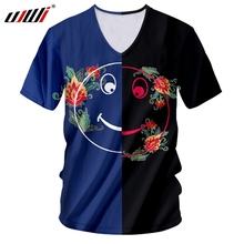 Camiseta com estampa 3d ujwi, camiseta masculina divertida com desenhos flores coloridas, musculação, rosto, harajuku, azul, v, pescoço 2024 - compre barato