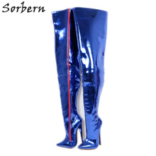 Sorbern Custom Metallic Blue Boots Unisex Crotch Thigh High 18Cm / 12cm Spike High Heels Pointed Toe Red Zipper Fetish Boots 2024 - buy cheap