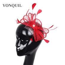 Red Sinamay Women Vintage Bow Fascinator Wedding Headwear Party Tea Hair Combs Accessories Female Feather Fedora Hats SYF08 2024 - buy cheap
