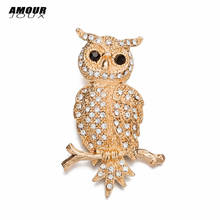 AMOURJOUX 2018 Gold-Color Standing Owl Brooches Pin For Women And Men Full Crystal Pins Brooch Party Weddings Banquet 2024 - buy cheap