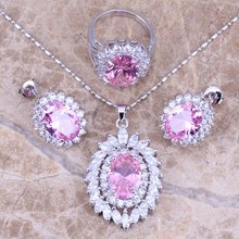 Pink White CZ Silver Plated Jewelry Sets Earrings Pendant Ring Size 6 / 7 / 8 / 9 / 10 S0063 2024 - buy cheap